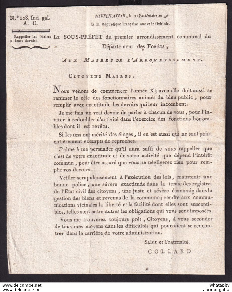 DDCC 807 - Document IMPRIME - NEUFCHATEAU An 10 Vers Le Maire De RUETTE - Signé Le Sous-préfet Collard - 1794-1814 (Période Française)