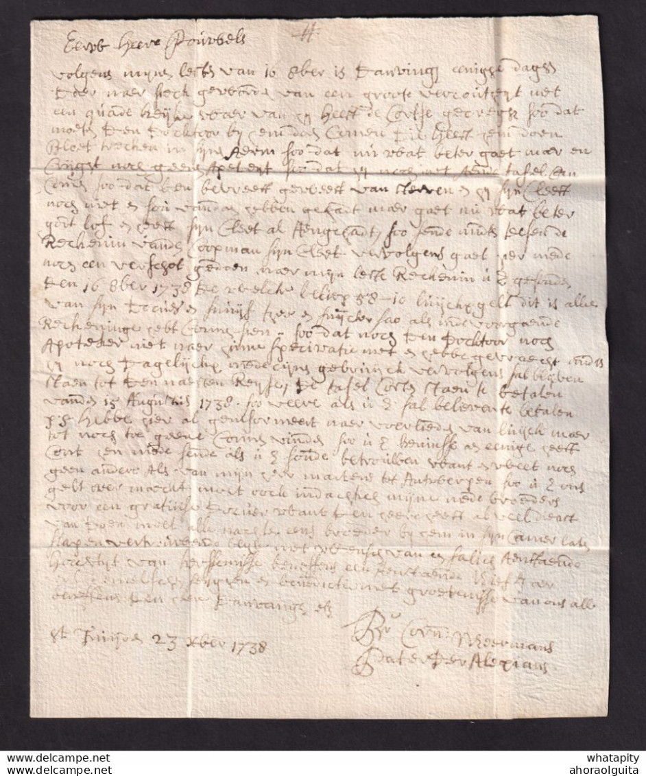 DDCC 915 - Lettre Précurseur Manuscrit "de Saintrond" 1738 à GENT - Signée Moermans , Pater Alexianis - Port 5 Stuivers - 1714-1794 (Paises Bajos Austriacos)