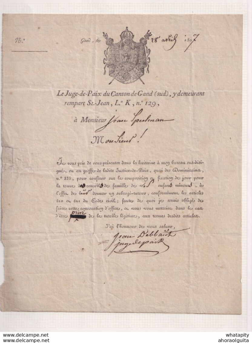DDCC 417 - Document Du Juge De Paix Du Canton De GAND Sud En 1807 - Signé Debbaut - 1794-1814 (Franse Tijd)