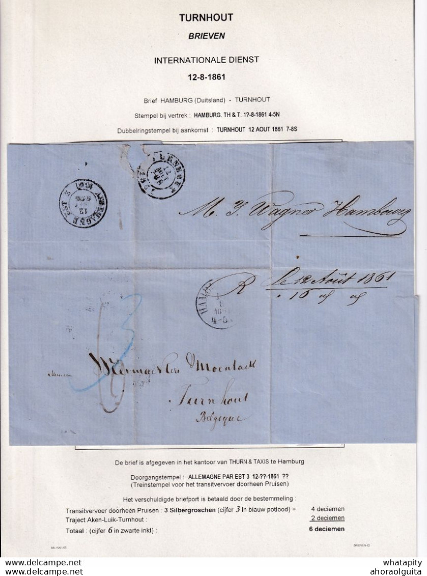 DDCC 412 - CARTES A JOUER - Lettre Non Affranchie HAMBURG 1861 Vers Mesmaekers § Moentack à TURNHOUT - Zonder Classificatie