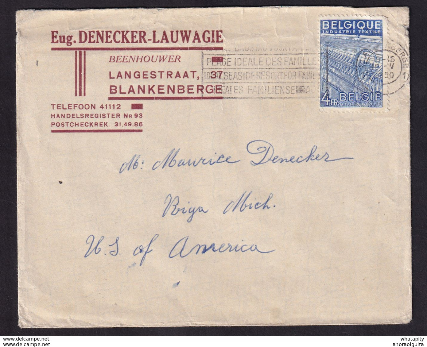 DDBB 783 - Enveloppe TP Exportation BLANKENBERGE 1 En 1950 Vers Les USA - Entete Beenhouwer Denecker-Lauwagie - 1948 Esportazione