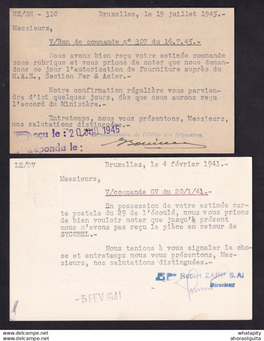 DDBB 792 - Carte Firme Robert ZAPP TP Sceau BRUXELLES 1945 - Griffe "SOUS SEQUESTRE" Pour Activités Pendant La Guerre - Oorlog 40-45 (Brieven En Documenten)