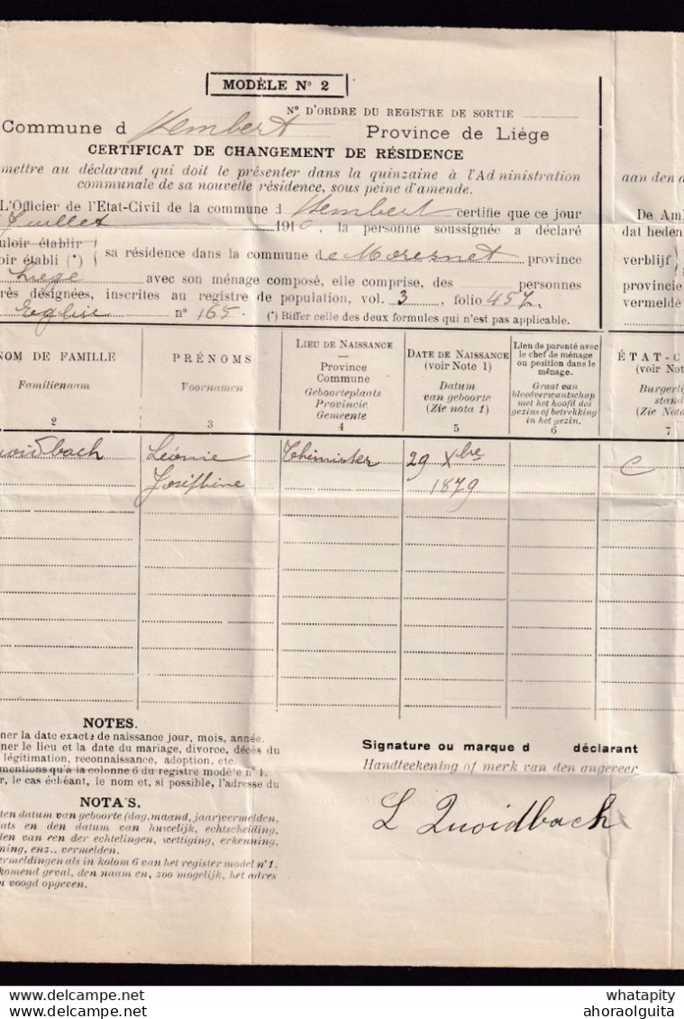 DDBB 747 - Certificat De Changement De Résidence De Mme Quoidsbach En 1910 , De STEMBERT à MORESNET (Cachet Admin. Com) - Franchise