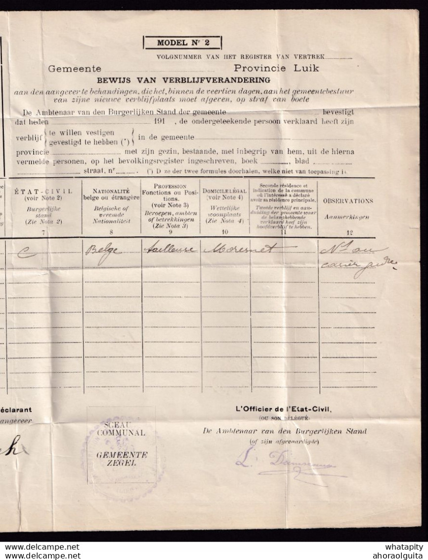 DDBB 747 - Certificat De Changement De Résidence De Mme Quoidsbach En 1910 , De STEMBERT à MORESNET (Cachet Admin. Com) - Zonder Portkosten