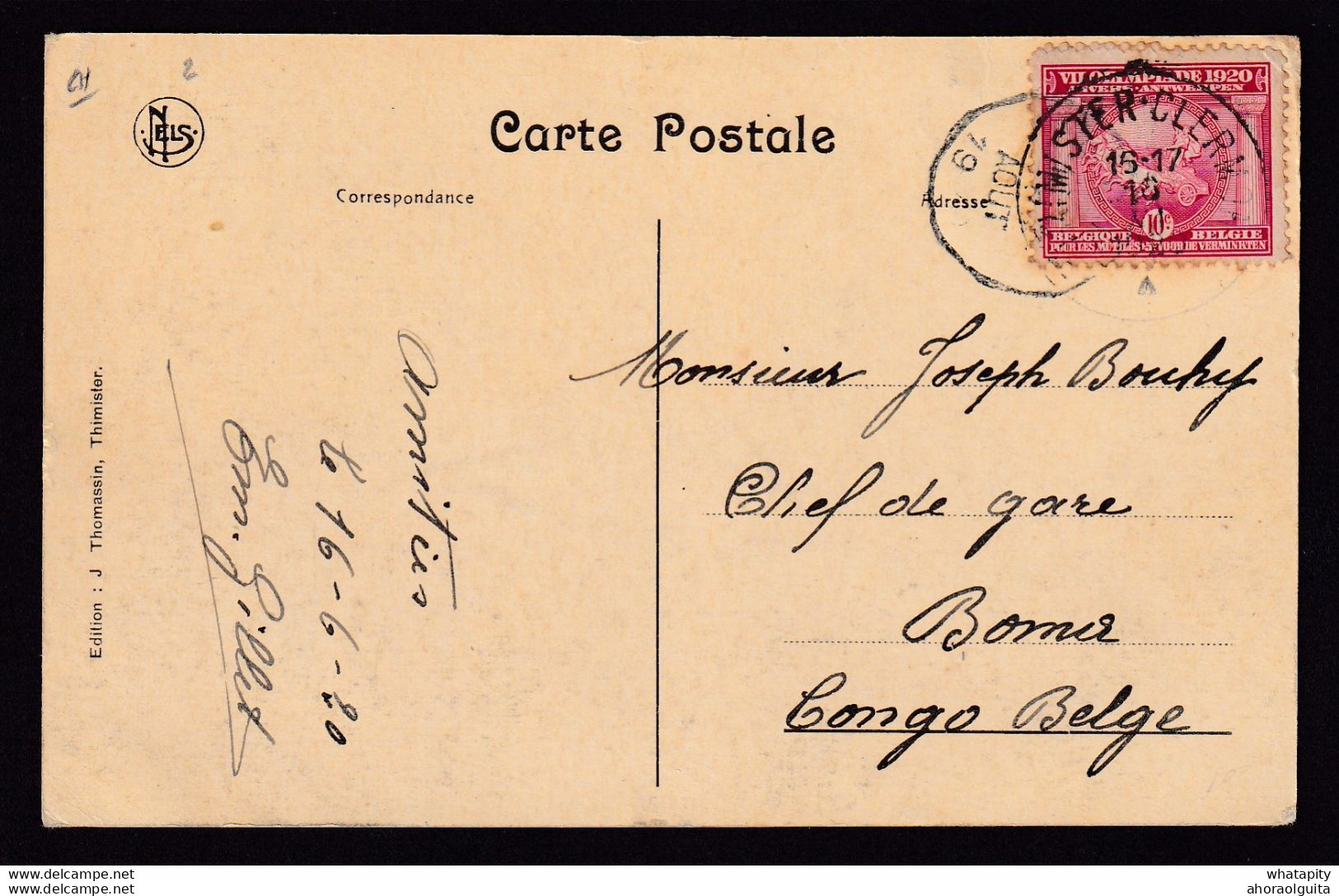 DDBB 575 - Carte-Vue Clermont TP Jeux Olympiques THIMISTER CLERMONT 1920 Vers BOMA Congo - RARE Emploi Vers Etranger - Zomer 1920: Antwerpen