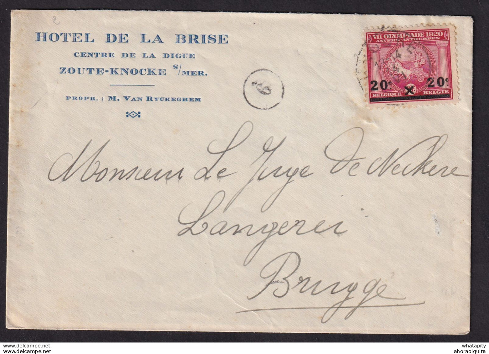 DDBB 577 - Enveloppe Illustrée TP Jeux Olympiques KNOKKE 1921 Vers BRUGGE - Entete Et Gravure Hotel De La Brise, Digue - Estate 1920: Anversa