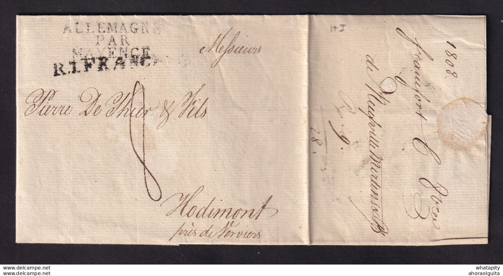 DDBB 562 - Lettre Précurseur R1 FRANCF.. 1808 à HODIMONT Près VERVIERS - Entrée Allemagne Par MAYENCE - Port 8 Décimes - 1794-1814 (Periodo Frances)