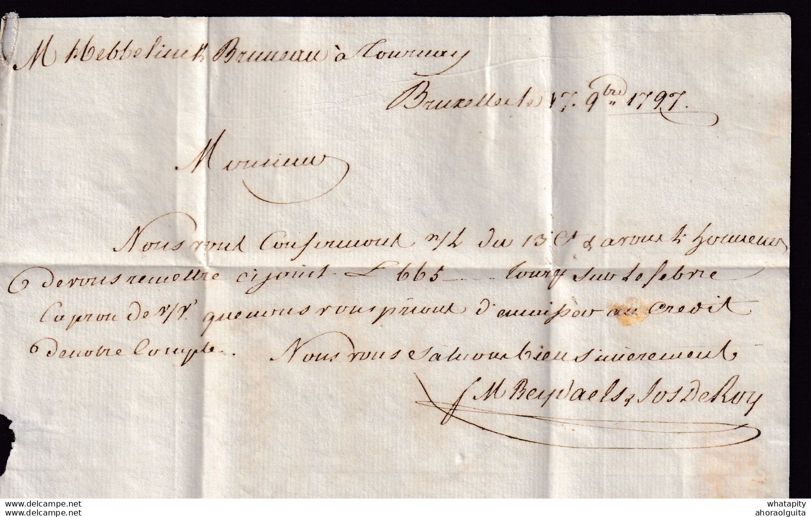 DDBB 560 - Lettre Précurseur 94 BRUXELLES 1797 Vers Le Banquier Hebbelinck Bruneau à TOURNAI - Port 5 Décimes - 1794-1814 (Periodo Frances)