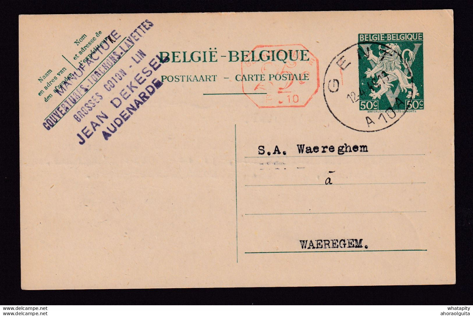 DDBB 096 -- Entier Lion V GENT 10 En 1946 Vers Waeregem - Cachet Privé Couvertures Torchons Jean Dekesel à AUDENARDE - Briefkaarten 1934-1951