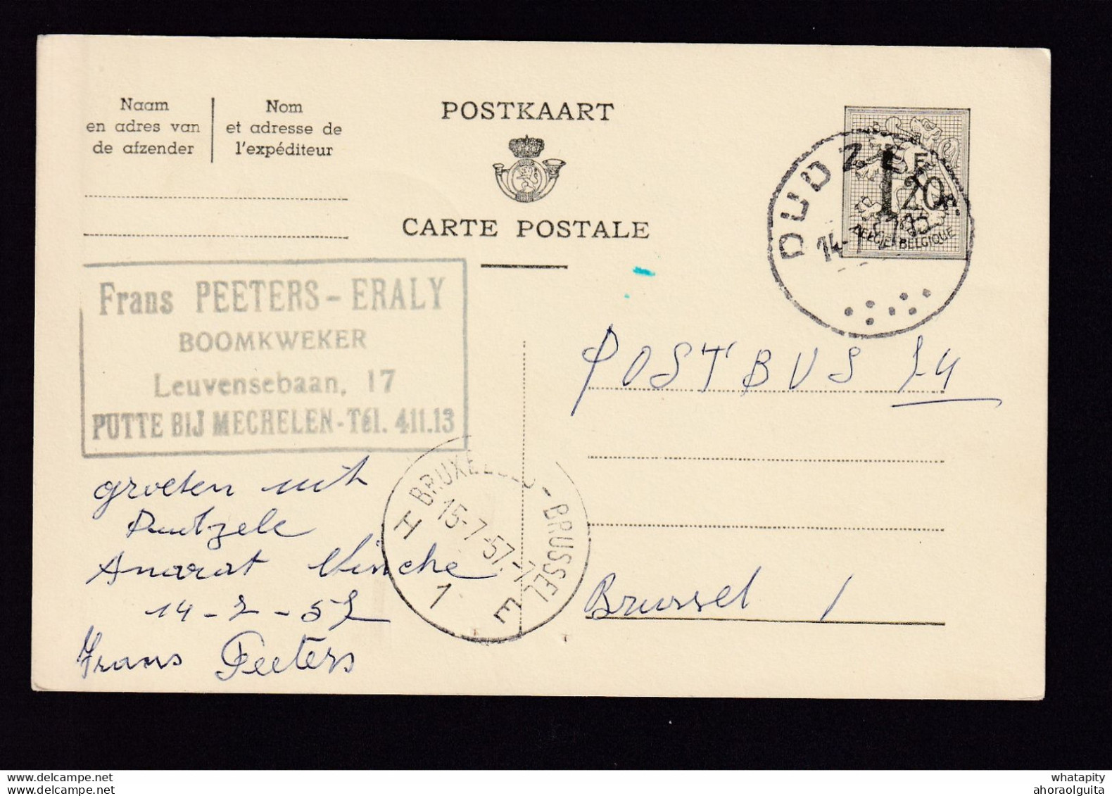 DDBB 097 -- Entier Lion DUDZELE 1957 Vers Brussel - Cachet Privé Peeters-Eraly , Bommkweker Te PUTTE Bij Mechelen - Cartes Postales 1951-..