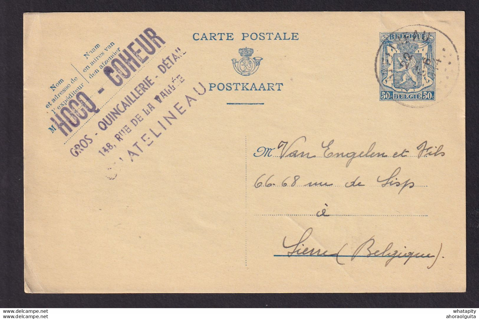 DDBB 093 -- Entier Petit Sceau CHATELINEAU 1944 Vers LIER - Cachet Privé Hocq-Coheur , Quincaillerie - Postkarten 1934-1951