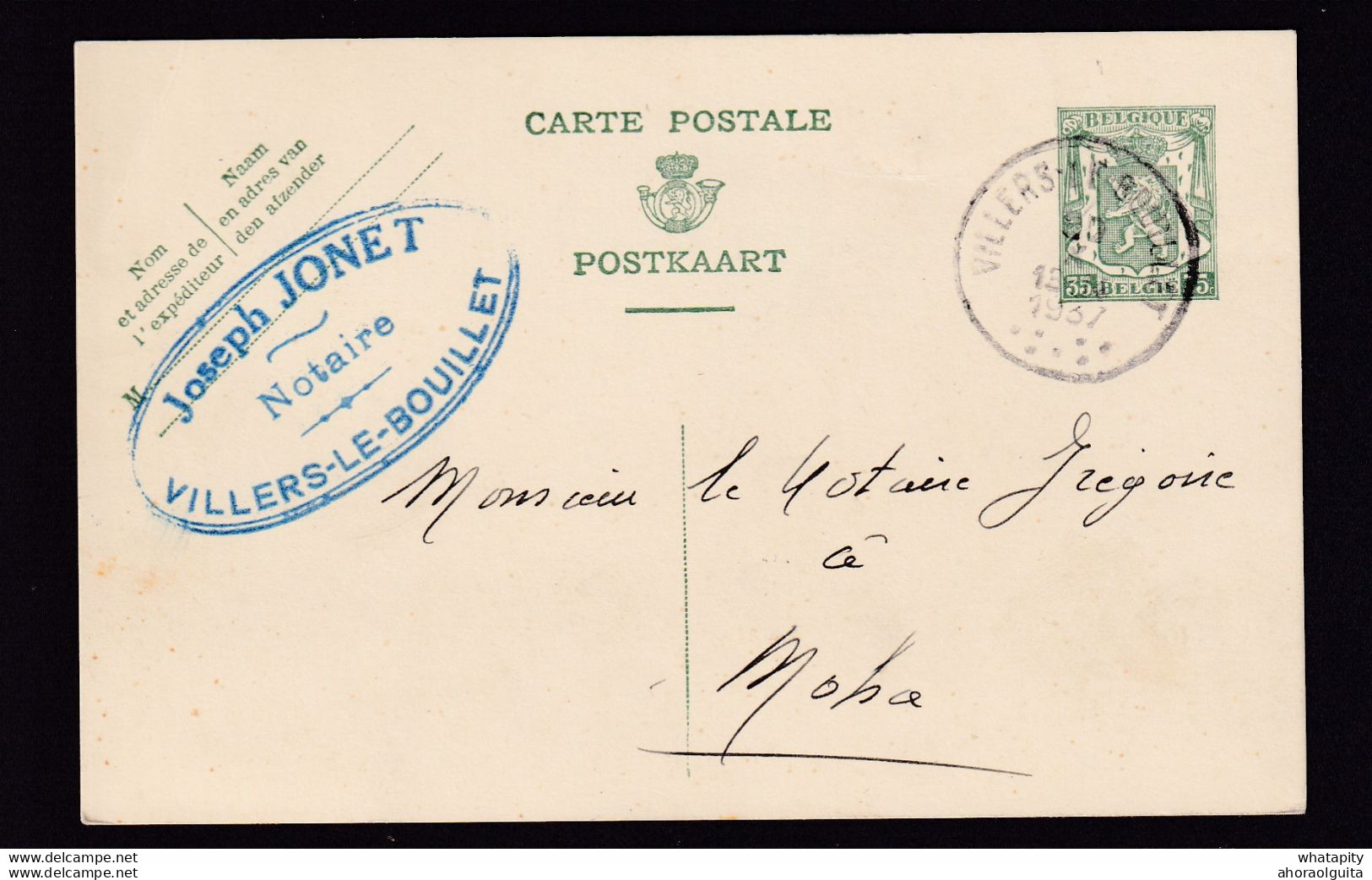 DDBB 091 --  Entier Petit Sceau VILLERS LE BOUILLET 1937 Vers MOHA - Cachet Privé Joseph Jonet , Notaire - Briefkaarten 1934-1951