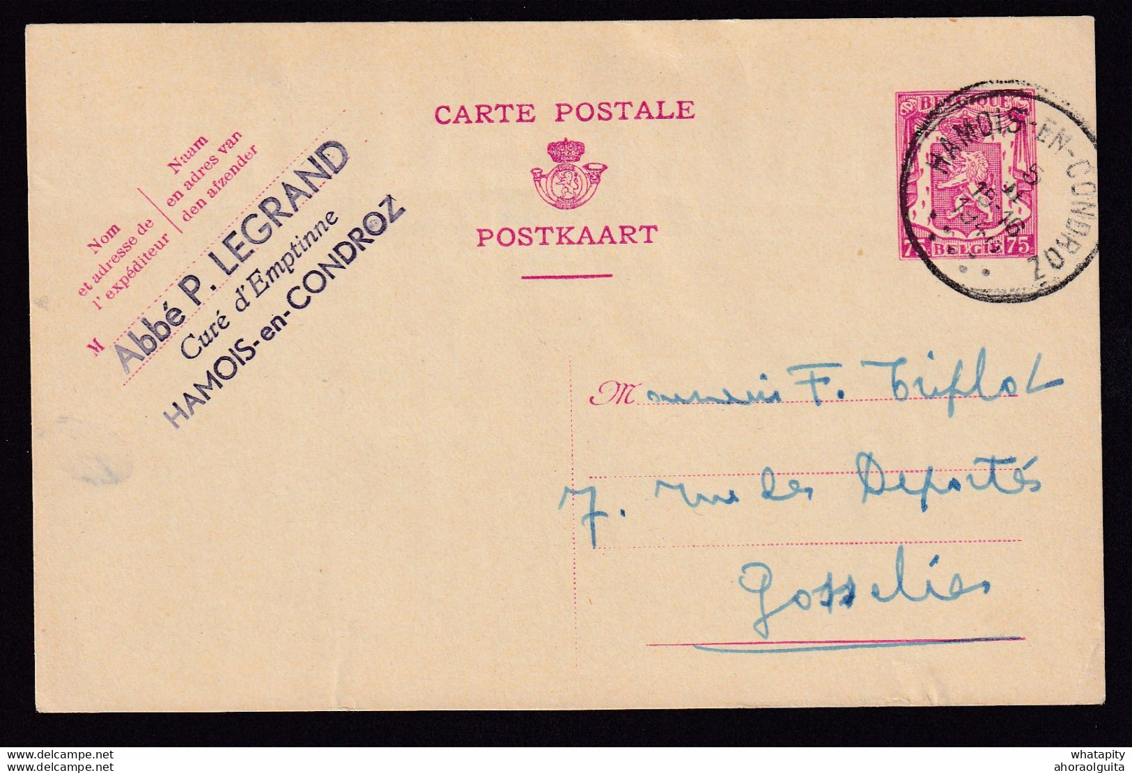 DDBB 089 --  Entier Petit Sceau HAMOIS EN CONDROZ 1946 Vers GOSSELIES - Cachet Privé Abbé Legrand , Curé D' EMPTINNE - Briefkaarten 1934-1951