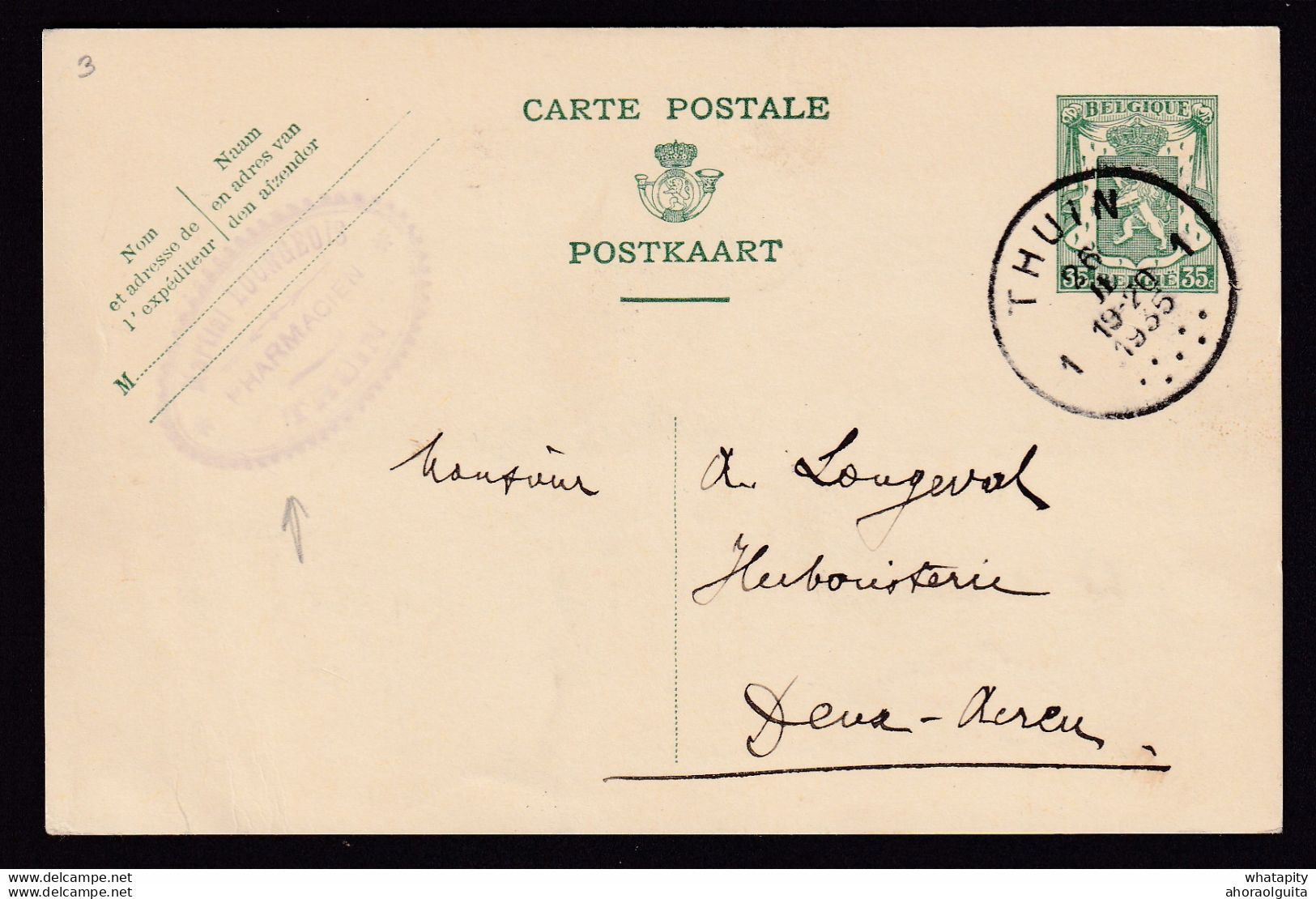 DDBB 088 --  Entier Petit Sceau THUIN 1935 Vers Herboristerie Longeval à DEUX-ACREN - Cachet Privé Pharmacien Bourgeois - Postkarten 1934-1951