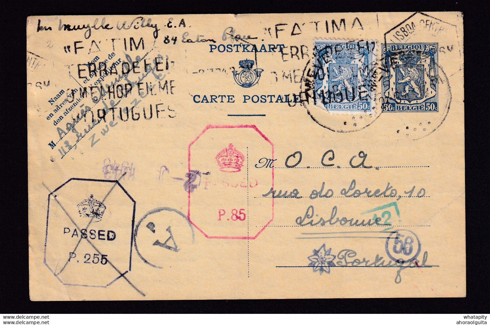 DDBB 022 -- Entier Petit Sceau ZWEVEZELE 1943 Vers OCA Lisbonne Pour Le CONGO - Censures Allemandes Et Anglaises - Guerra 40 – 45 (Cartas & Documentos)