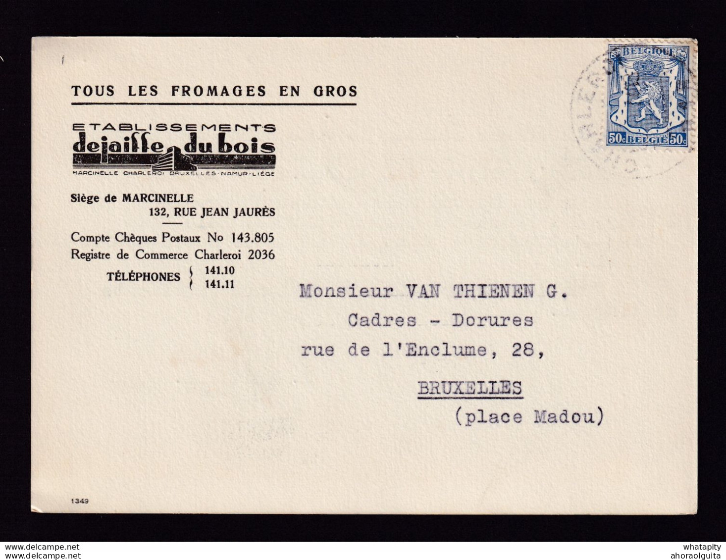 DDBB 007 - Carte Privée TP Petit Sceau CHARLEROI 1944 - Entete Fromages En Gros Dejaiffe-Dubois à MARCINELLE - 1935-1949 Small Seal Of The State