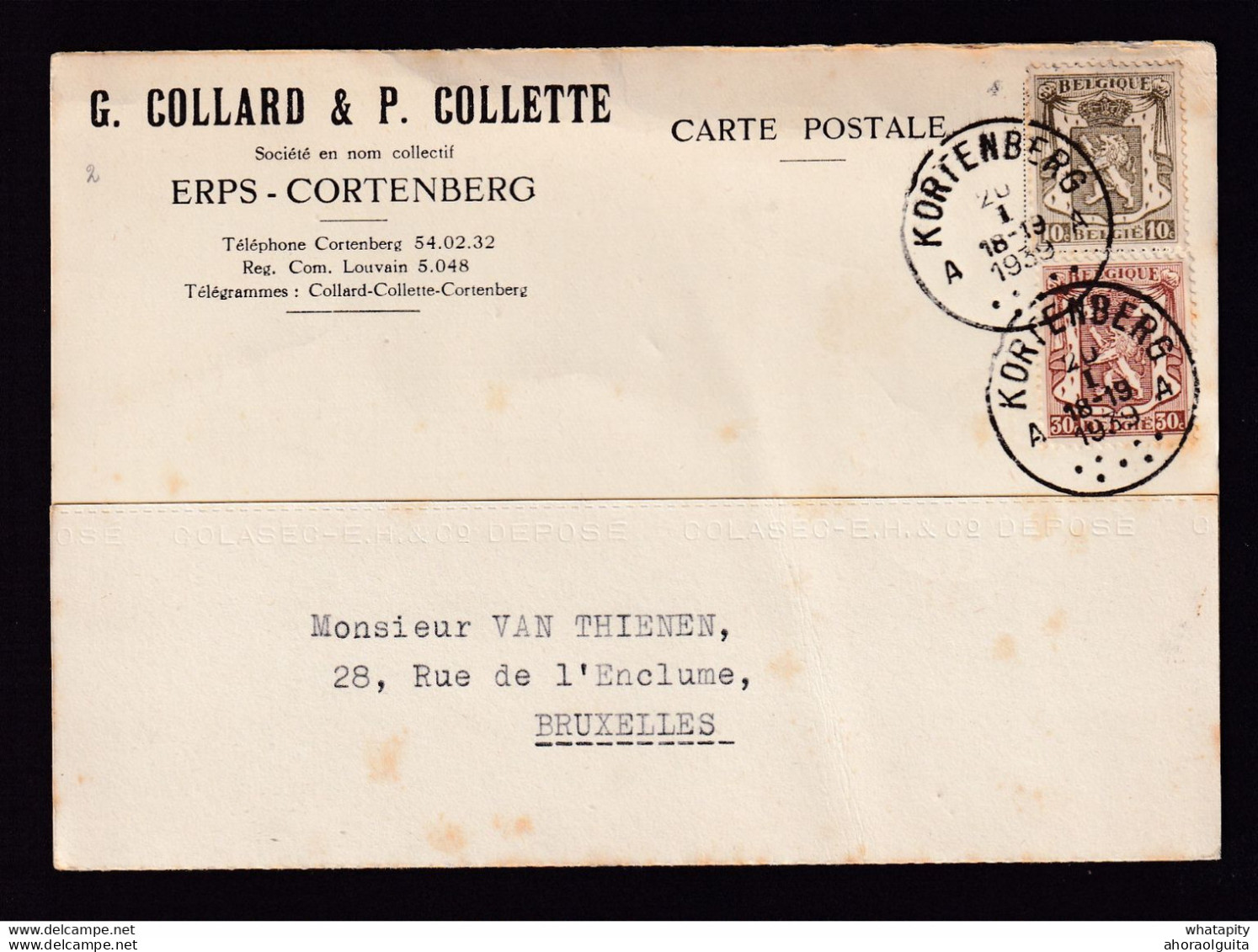 DDBB 008 - Carte Privée TP Petit Sceau KORTENBERG 1939 - Entete Collard § Collette à ERPS-CORTENBERG - 1935-1949 Small Seal Of The State