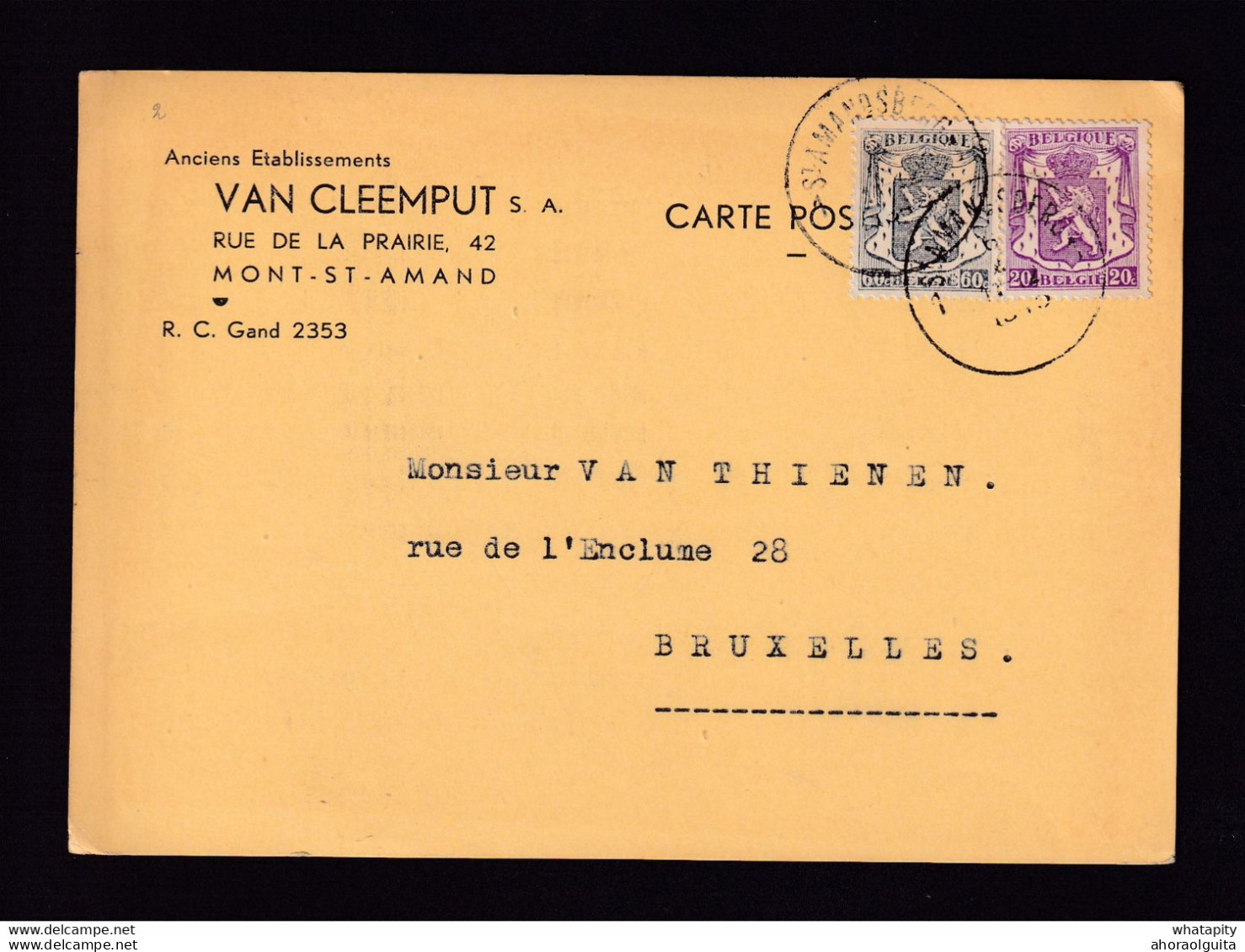DDBB 006 - Carte Privée TP Petit Sceau ST AMANDSBERG 1945 - Entete Van Cleemput S.A. à MONT ST AMAND - 1935-1949 Small Seal Of The State