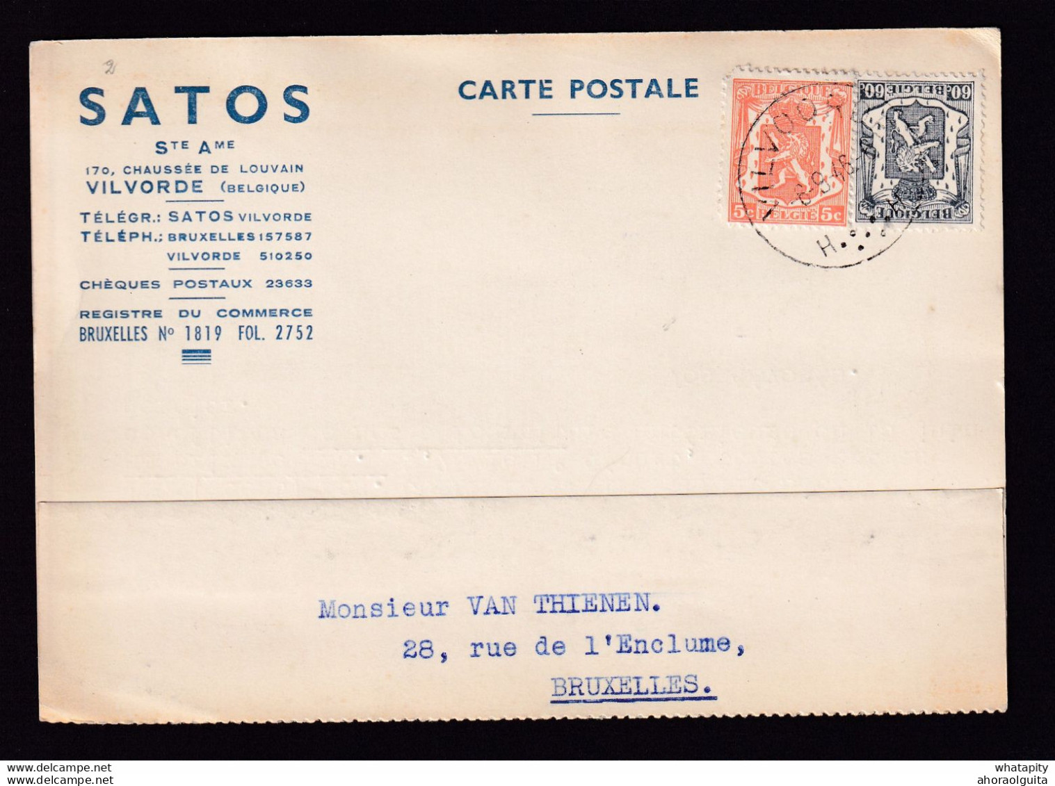DDBB 010 - Carte Privée TP Petit Sceau VILVOORDE 1946 - Entete SATOS S.A. - Vente De Colle De Lapin - 1935-1949 Petit Sceau De L'Etat