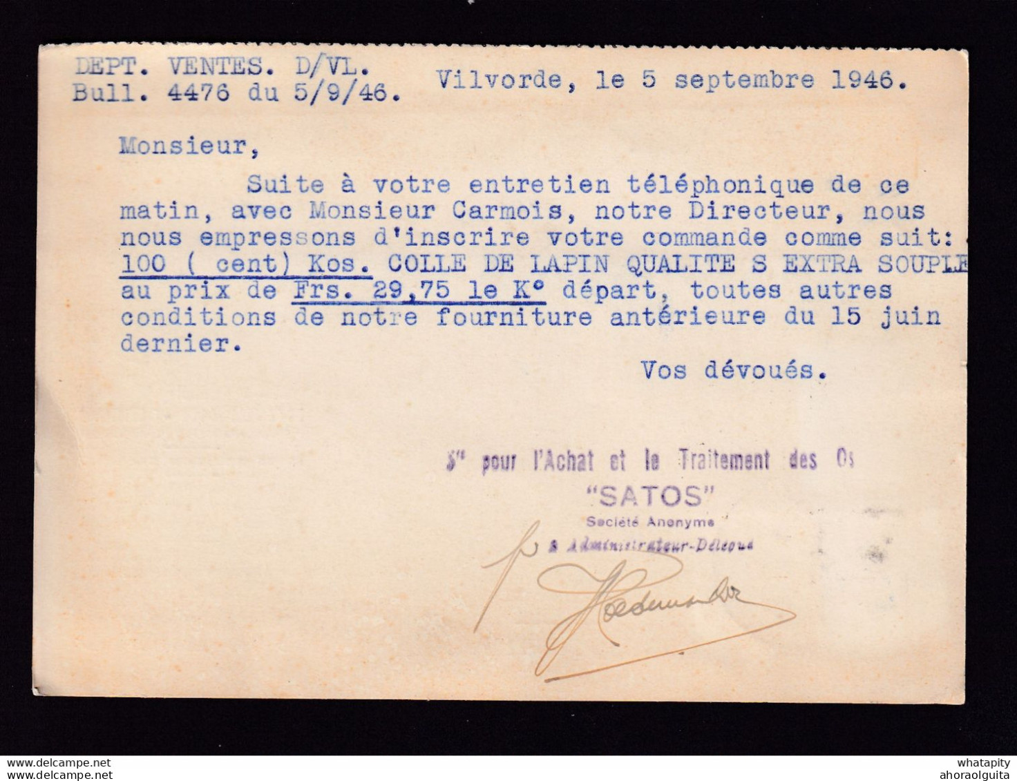 DDBB 010 - Carte Privée TP Petit Sceau VILVOORDE 1946 - Entete SATOS S.A. - Vente De Colle De Lapin - 1935-1949 Petit Sceau De L'Etat