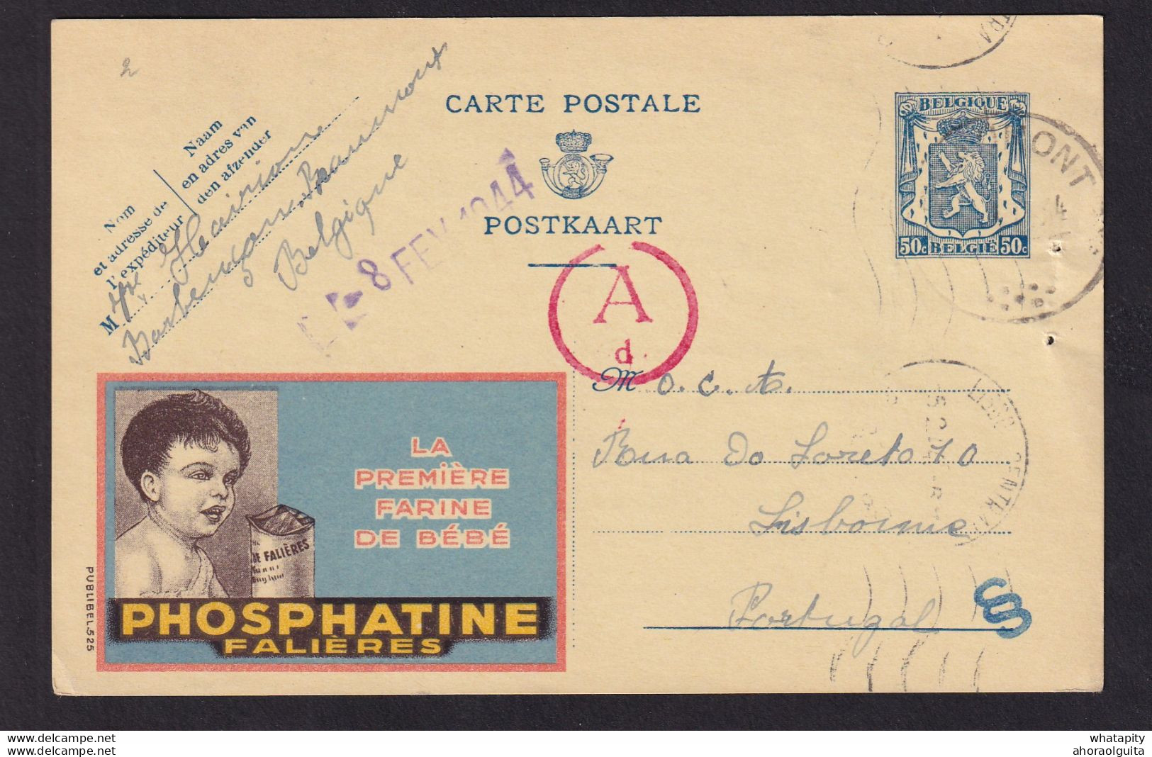 DDBB 023 -- Entier Petit Sceau BEAUMONT 1944 Vers OCA Lisbonne Pour Le CONGO - Censure Allemande - WW II (Covers & Documents)