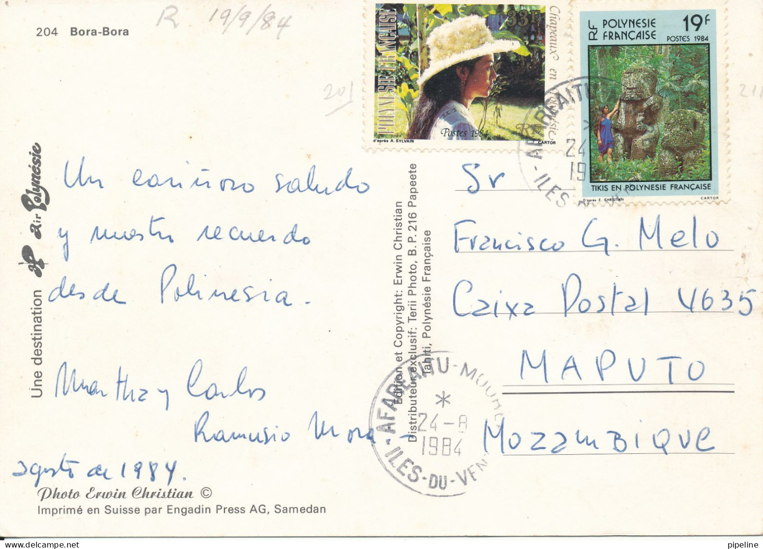French Polynesia Postcard Sent To Mozambique 24-9-1984 Boro-Bora - Polynésie Française