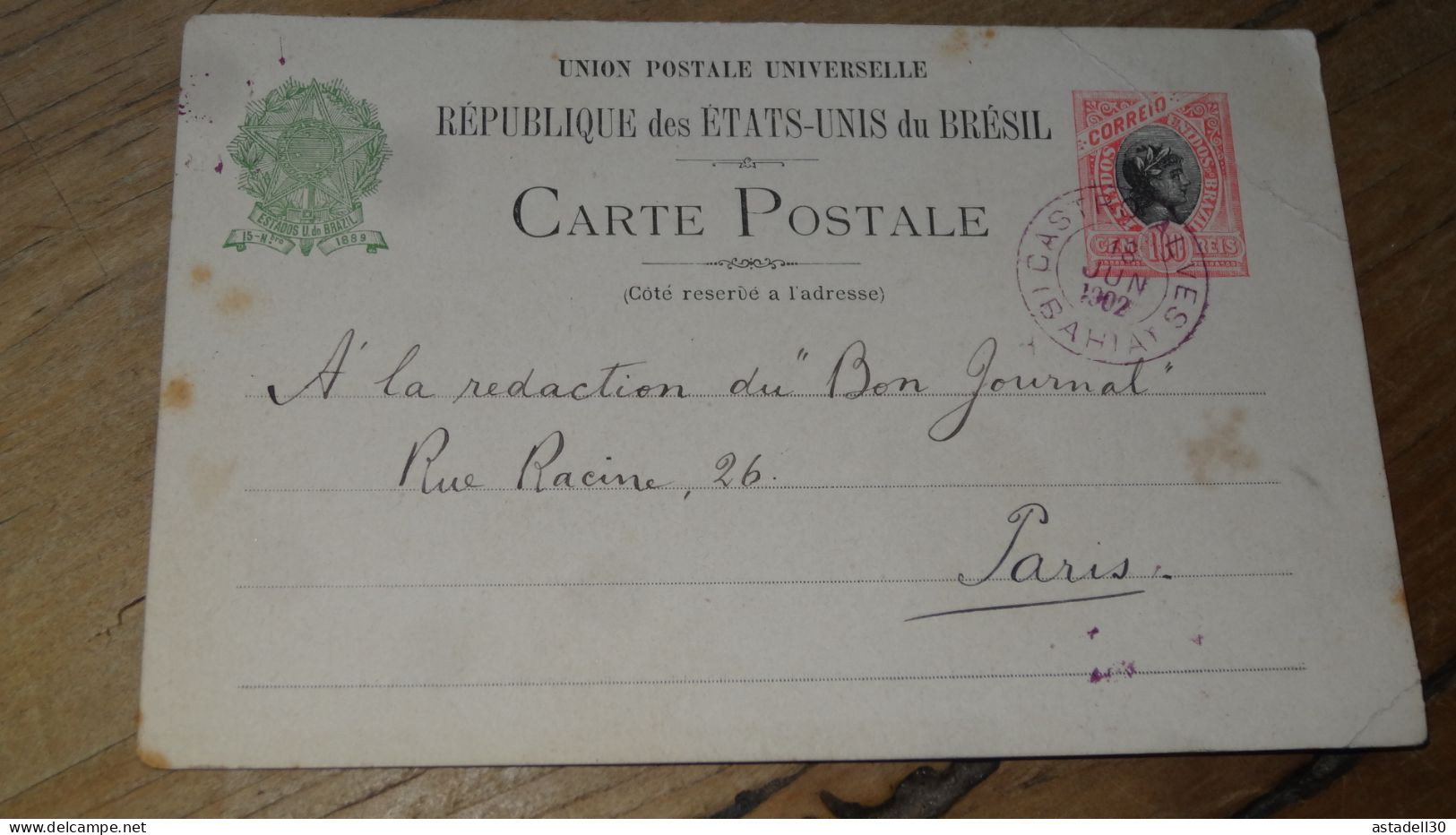 BRASIL, Entier Postal 100r - Castro Alves Bahia 1902 ......Boite-2......259 - Brieven En Documenten