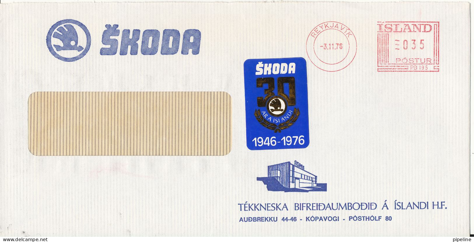 Iceland Cover With Meter Cancel Reykjavik 3-11-1976 (SKODA) (the Flap On The Backside Of The Cover Is Missing) - Storia Postale