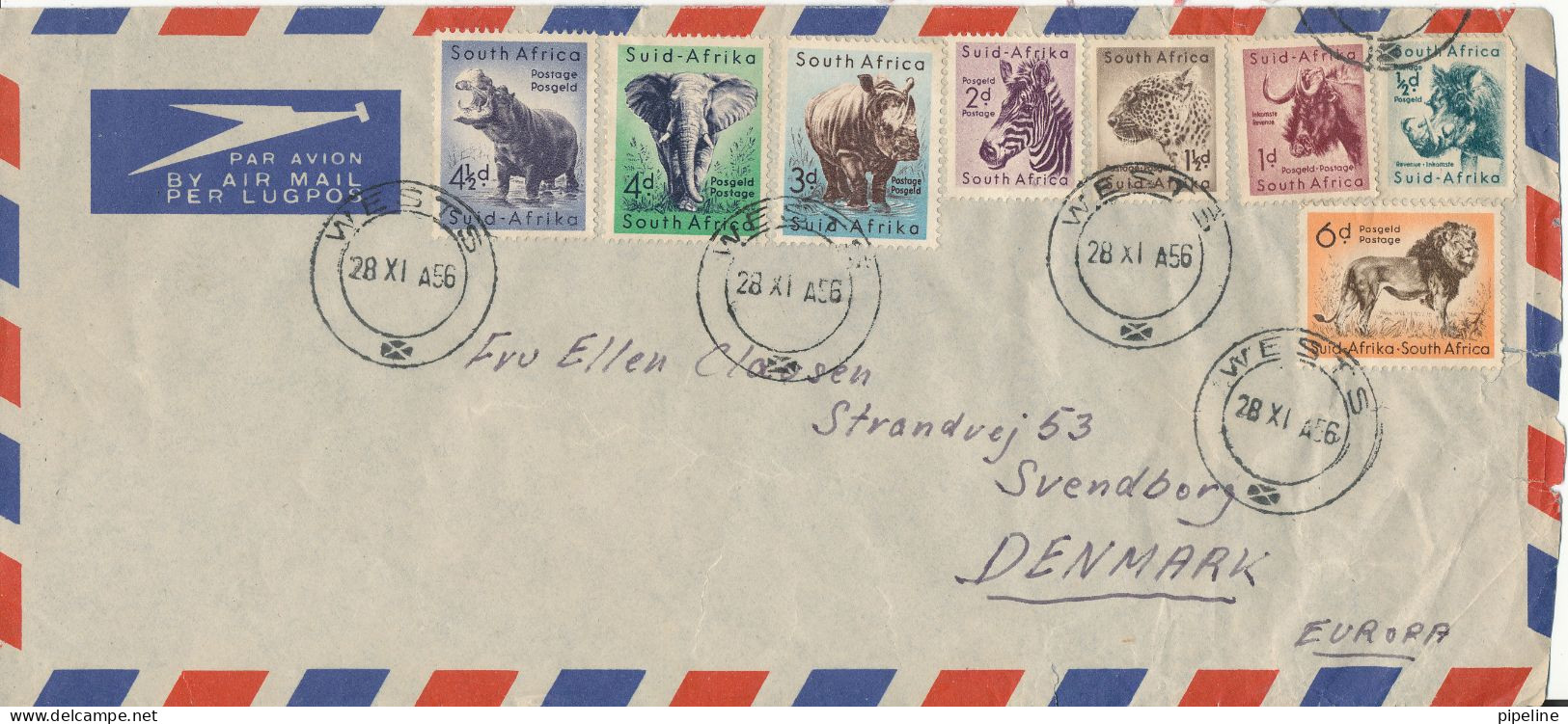 South Africa -Suid Afrika Air Mail Cover Sent To Denmark Wests 28-11-1956 With A Lot Of Topical Stamps - Luftpost