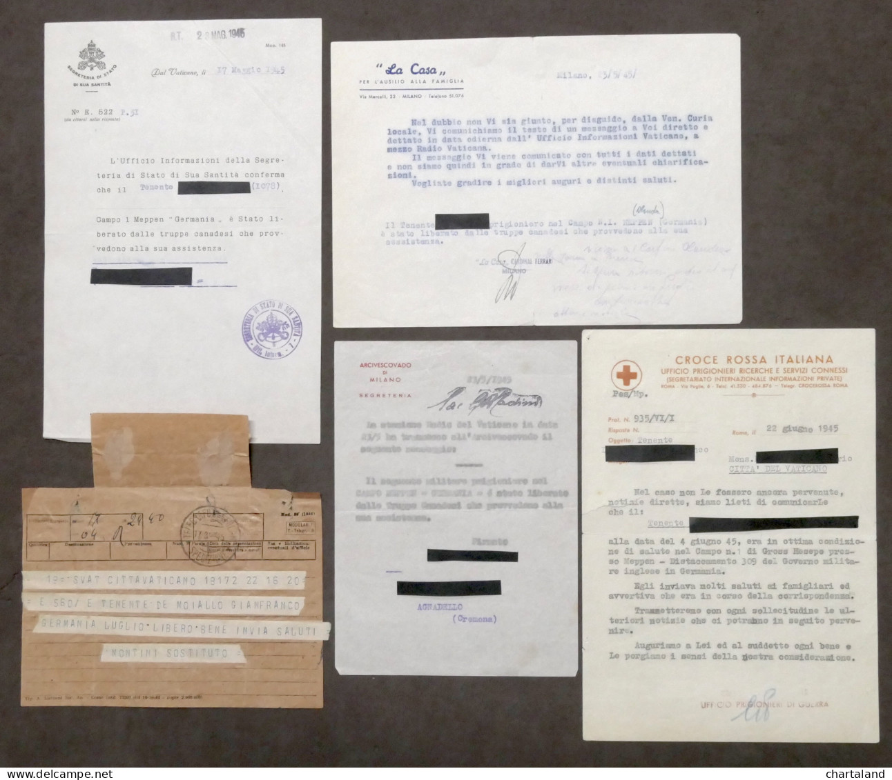 WWII Lotto 5 Comunicazioni Liberazione Tenente Da Campo Prigionia Germania 1945 - Documents