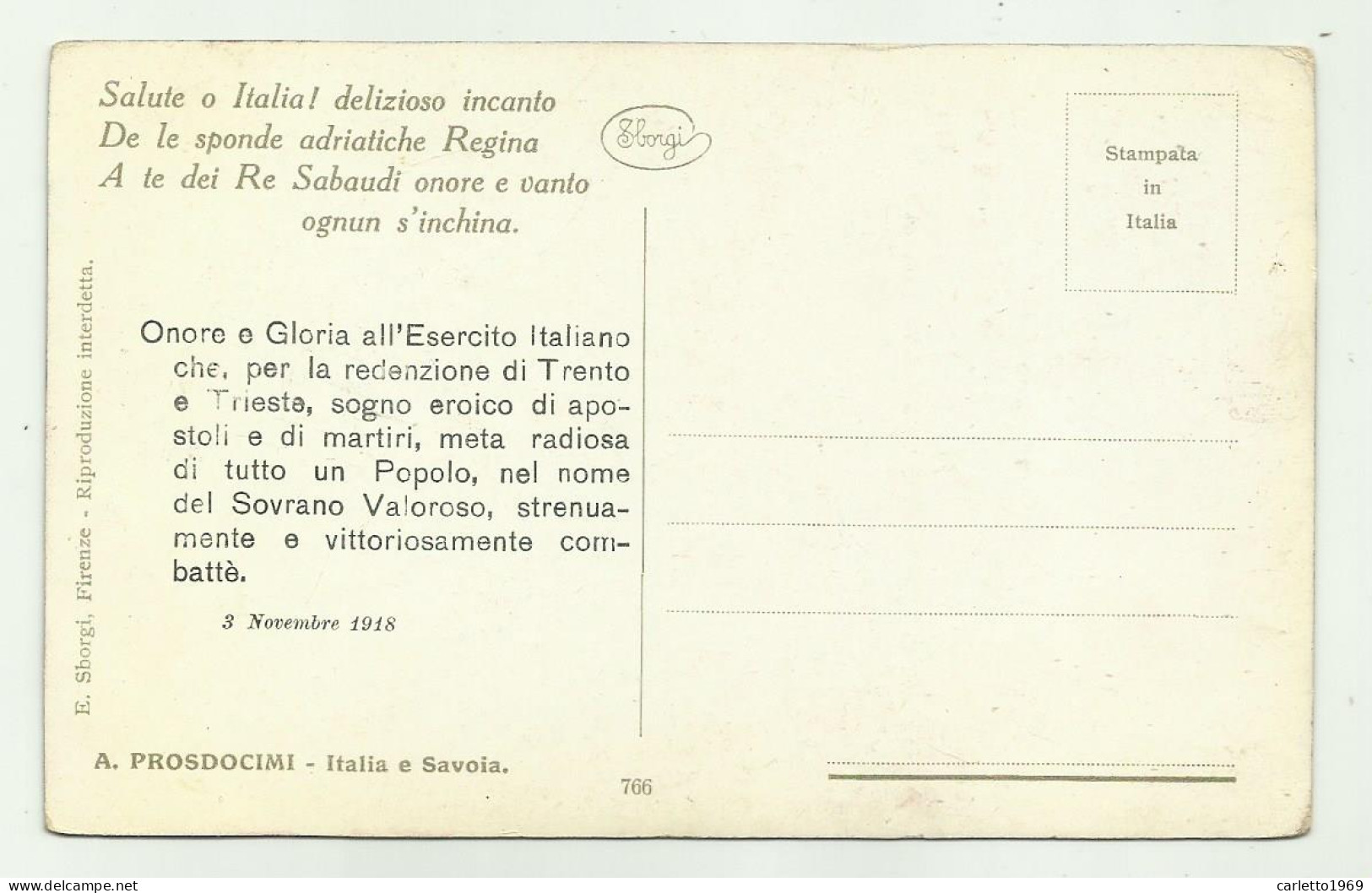 ITALIA E SAVOIA DI A. PROSDOCIMI 1918 WW1 - NV FP - Patriotiques