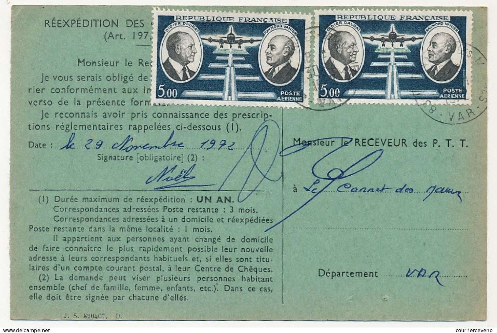 FRANCE - 4 Ordres De Réexpédition, Affranchis 5,00F Poste Aérienne Daurat / Vanier - 1960-.... Covers & Documents