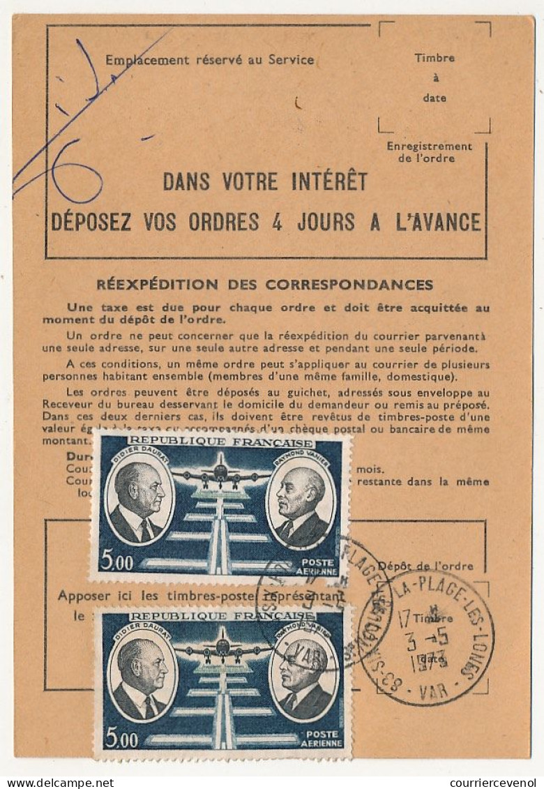 FRANCE - 4 Ordres De Réexpédition, Affranchis 5,00F Poste Aérienne Daurat / Vanier - 1960-.... Briefe & Dokumente
