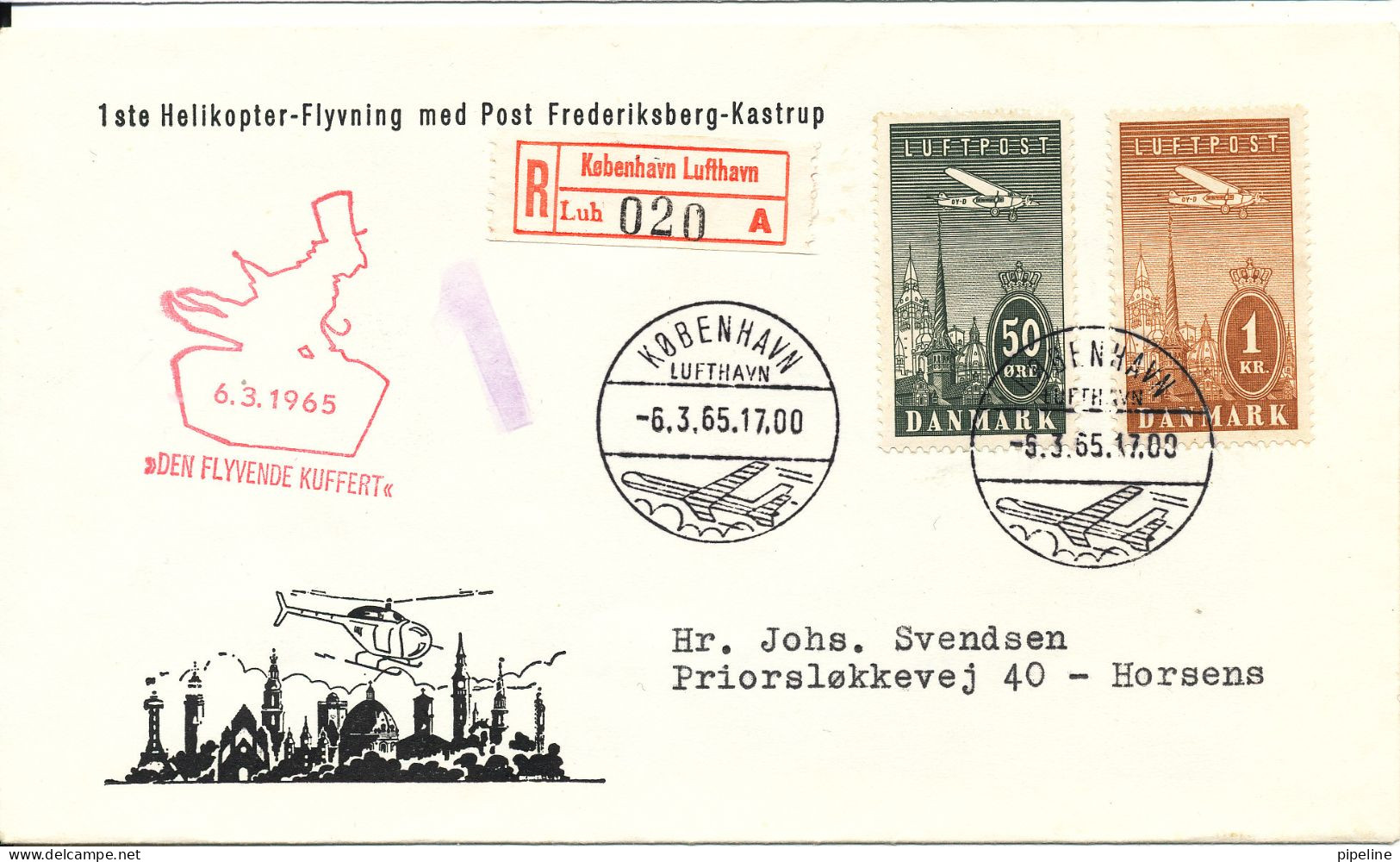 Denmark Registered Cover First Helicopter Flight With Mail Frederiksberg - Kastrup 6-3-1965 The Flying Trunk - Brieven En Documenten