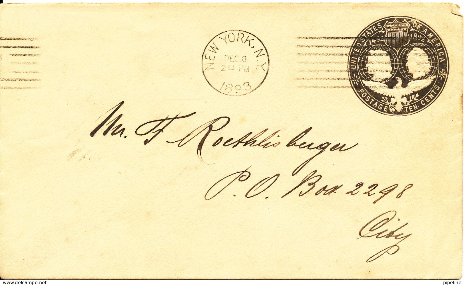 USA 10 Cents Postal Stationery Cover 18-12-1893 - ...-1900