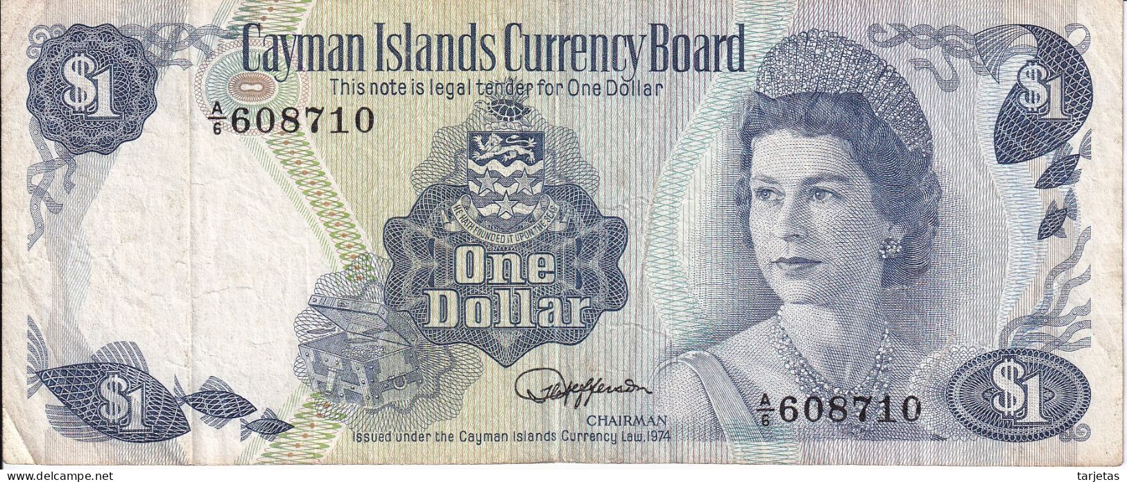 BILLETE DE CAYMAN ISLANDS DE 1 DOLLAR DEL AÑO 1974  (BANKNOTE) PEZ-FISH - Islas Caimán