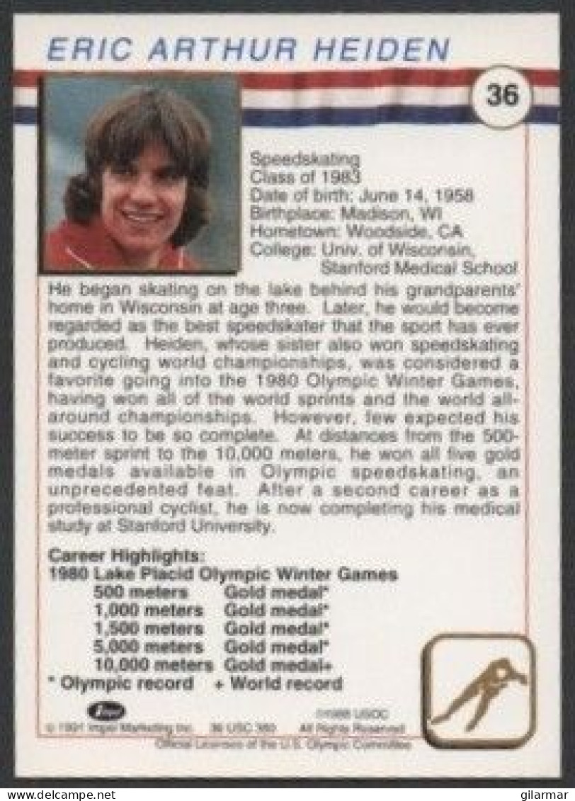 UNITED STATES 1991 - U.S. OLYMPIC CARDS HALL OF FAME # 36 - ERIC HEIDEN - OLYMPIC WINTER GAMES 1980 - SPEEDSKATING - G - Sonstige & Ohne Zuordnung