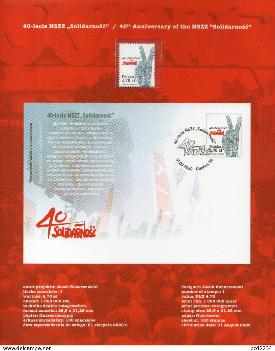 POLAND 2020 POLISH POST OFFICE SPECIAL LIMITED EDITION FOLDER: 40TH ANNIVERSARY NSZZ SOLIDARITY TRADE UNION SOLIDARNOSC - Solidarnosc Labels