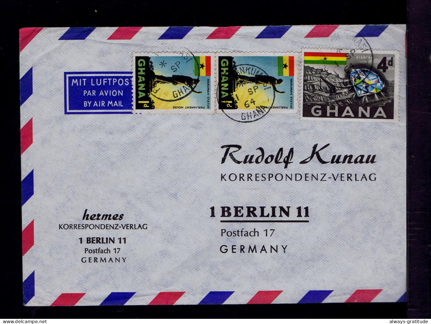 Sp9798 GHANA Flags Drapeaux Diamang "diamant" Geology Parliament House Statue Mailed 1964 Berlin - Autres & Non Classés