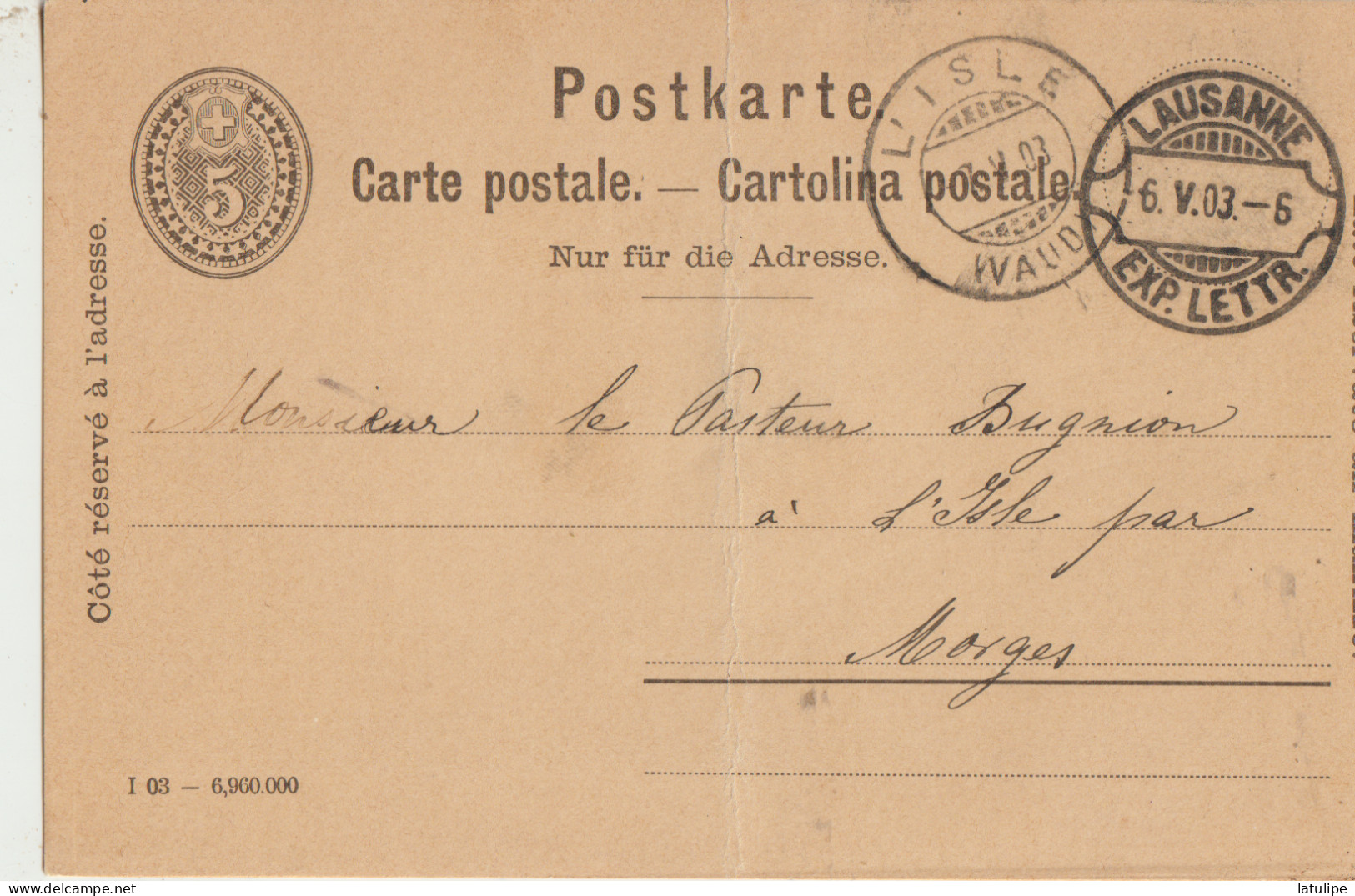 Carte Postale Timbrée 5cts Du Canton De Vaud ( L'ISLE ) Adressé A Mr Pasteur BUGNON Pres De Morges - L'Isle