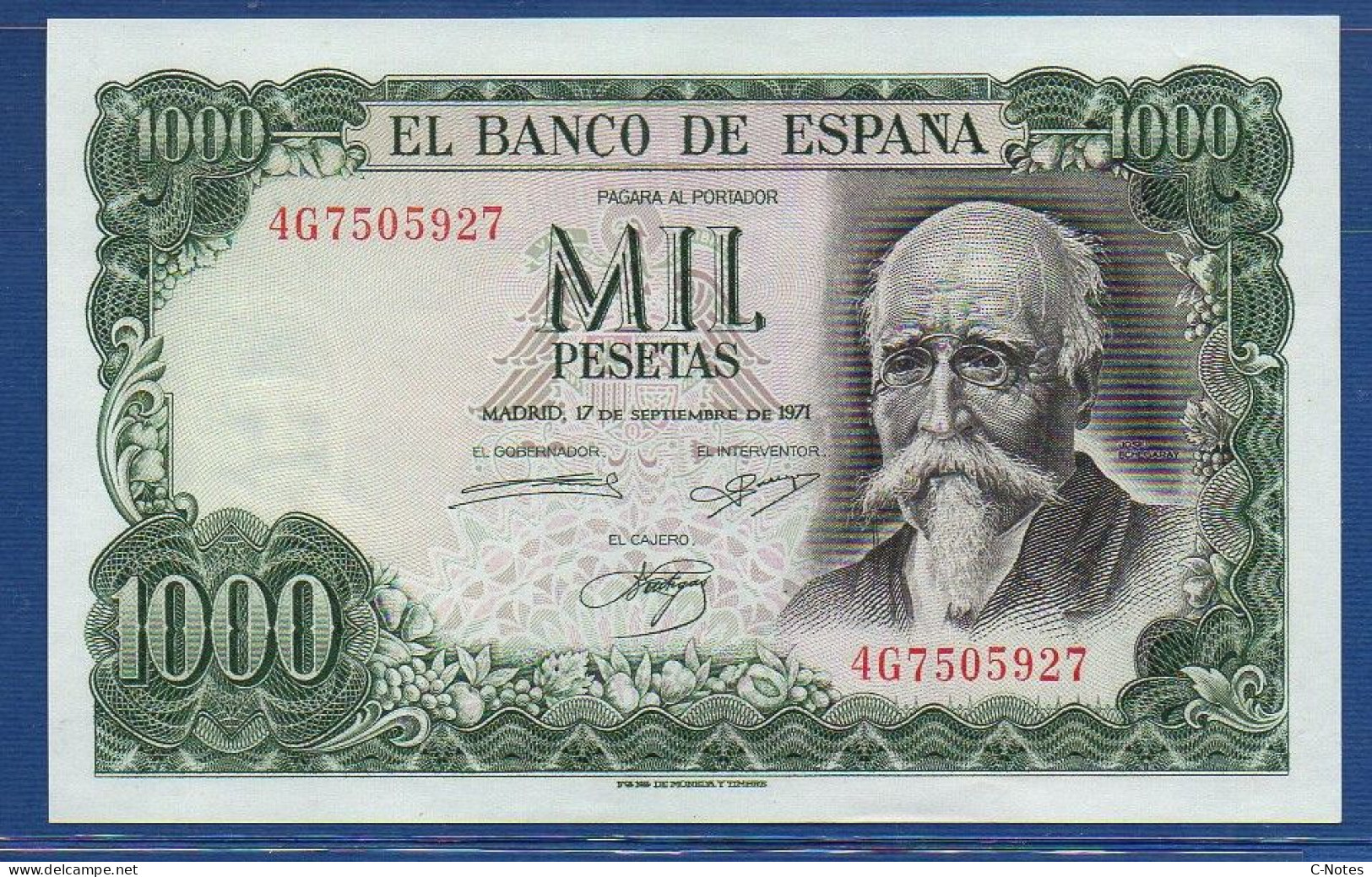 SPAIN - P.154 – 1000 PESETAS 1971 UNC-, S/n 4G7505927 - 1000 Peseten