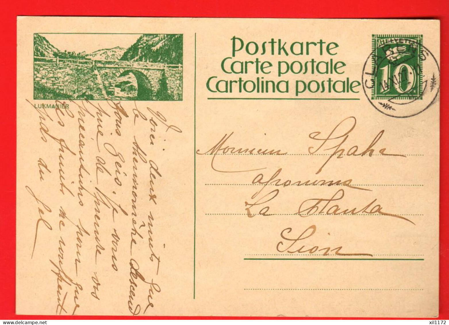 ABB-25 Ganzsache Entier Postal Helvetia 10 Ct Lukmanier  Cachet Clarens 1927 Vers Sion - Entiers Postaux