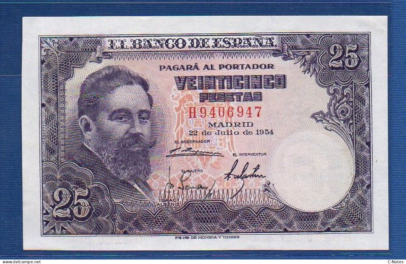 SPAIN - P.147 – 25 PESETAS 1954 AUNC, S/n H9406947 - 25 Peseten