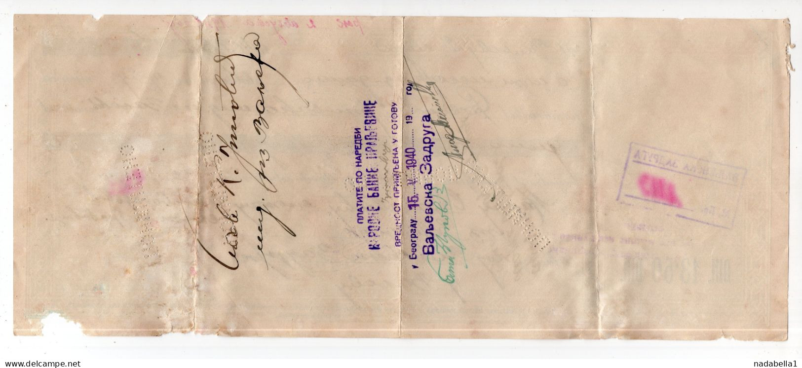 1940. KINGDOM OF YUGOSLAVIA,SERBIA,VALJEVO,CHEQUE,BILL OF EXCHANGE,13.50 DIN REVENUE IMPRINTED STAMP,USED - Chèques & Chèques De Voyage