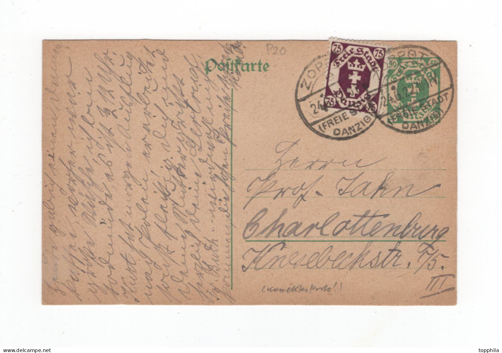 1922 Danzig 50 Pfg Ganzsache P20 Und 75 Pfg Zusatzfrankatur Minr 93 Gest. Zoppot Nach Berlin - Enteros Postales