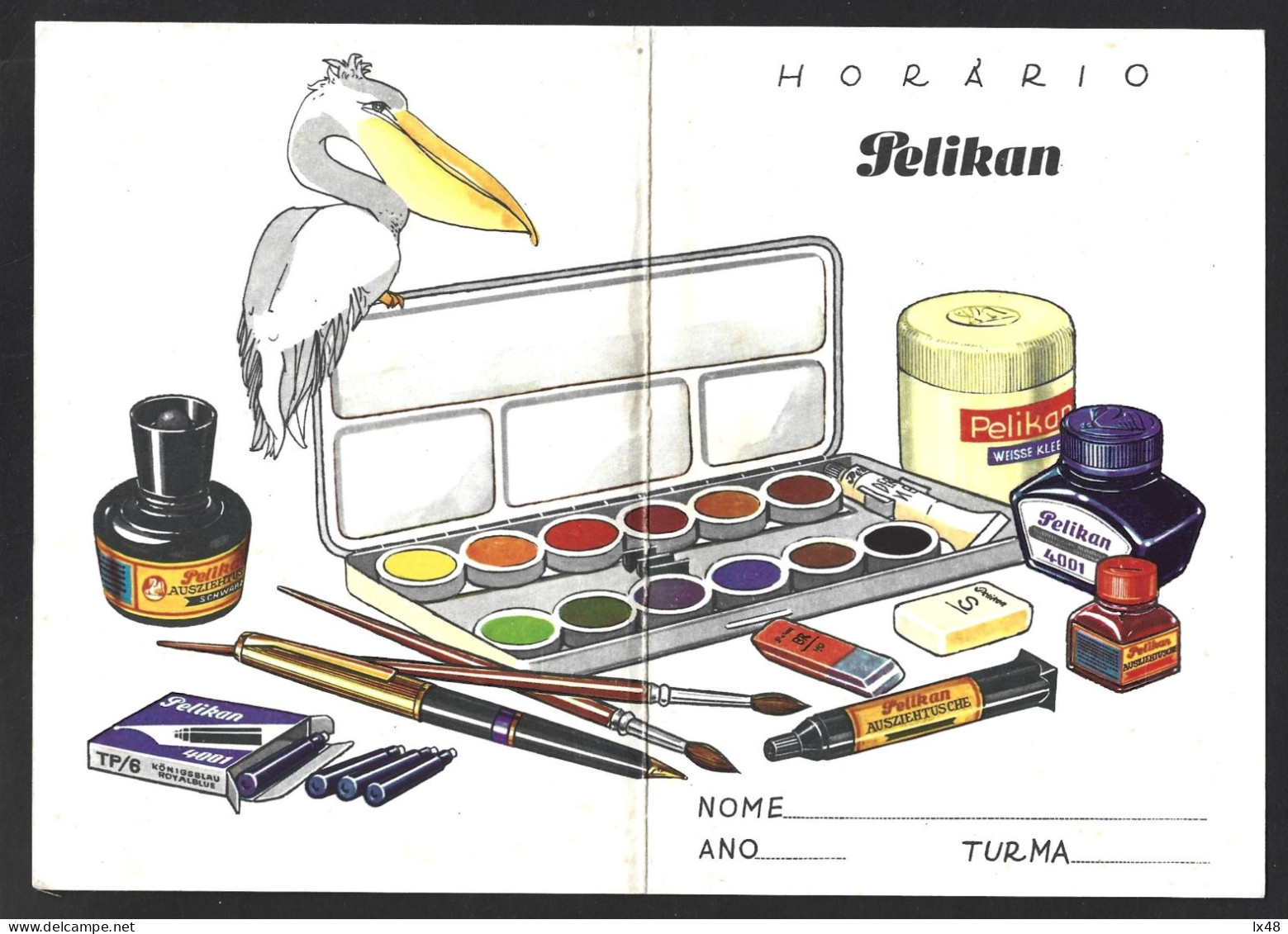 School Timetable 1965. Pelican. Pelikan. Paints. Guachos. Stundenplan 1965. Pelikan. Pelikan. Farben. Guachos. - World