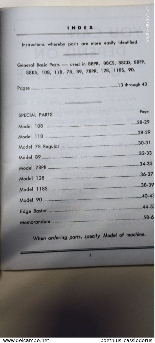 INSTRUCTIONS AND PARTS BOOK FOR U. S. MACHINES 88PB 88CS 88CD 88FP 88KS 108 118 78 89 78 PR 128 118S 90 - Etats-Unis