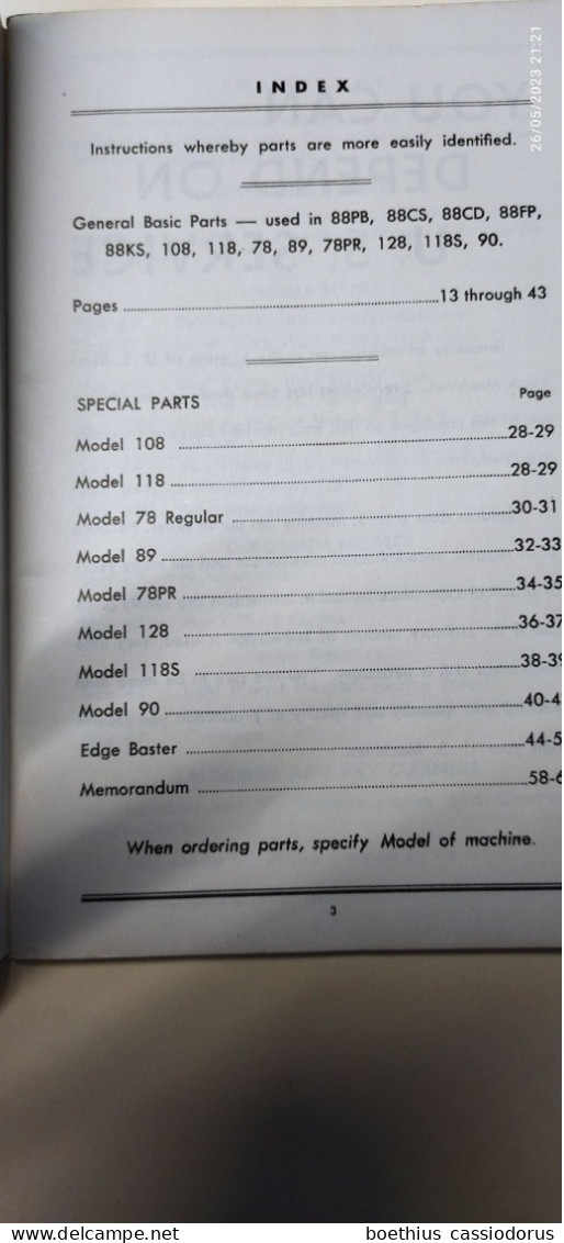 INSTRUCTIONS AND PARTS BOOK FOR U. S. MACHINES 88PB 88CS 88CD 88FP 88KS 108 118 78 89 78 PR 128 118S 90 - Stati Uniti