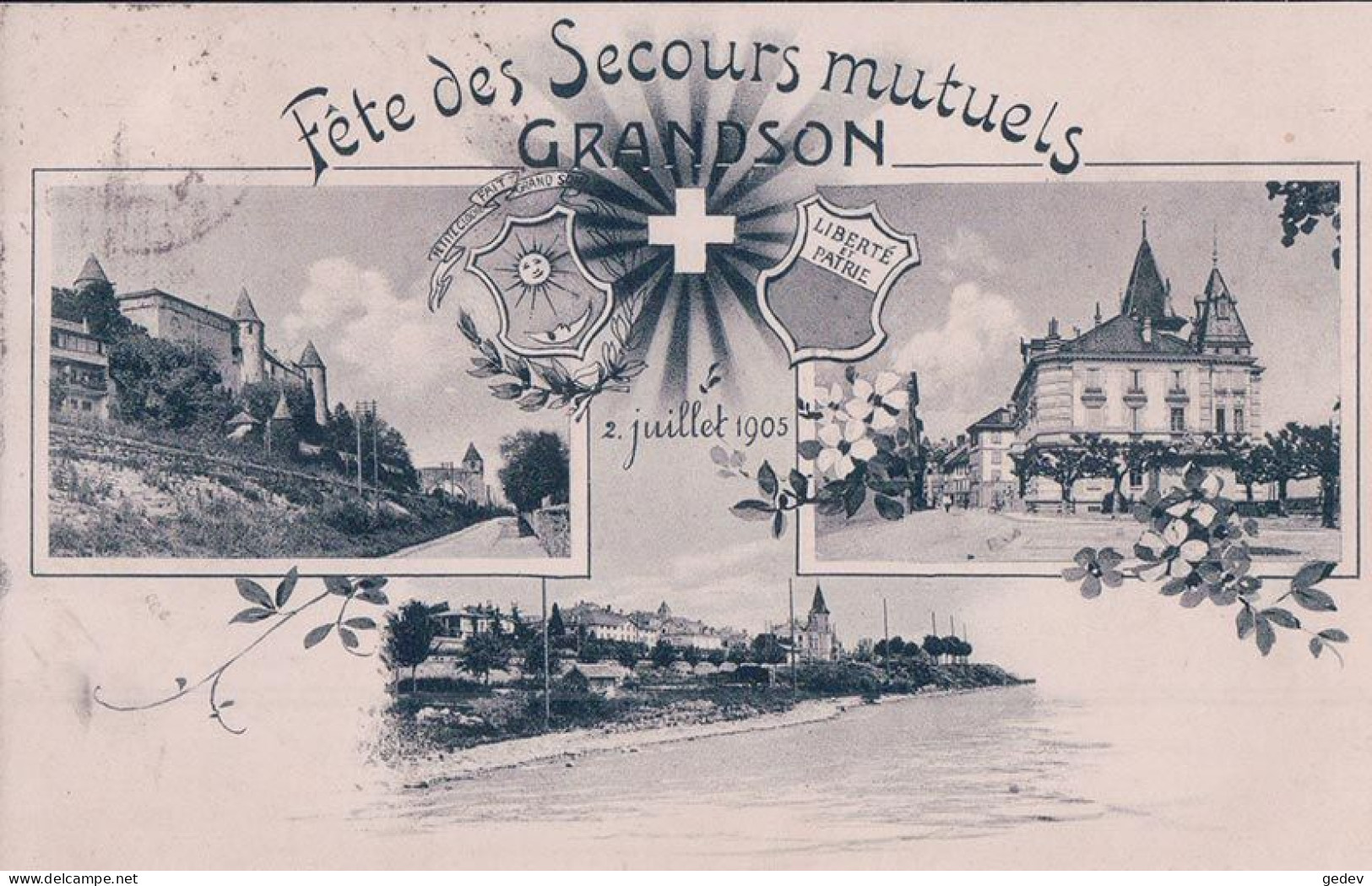 Grandson VD, Fête Des Secours Mutuels 1905, 3 Vues Et Armoiries (3.7.1905) - Grandson