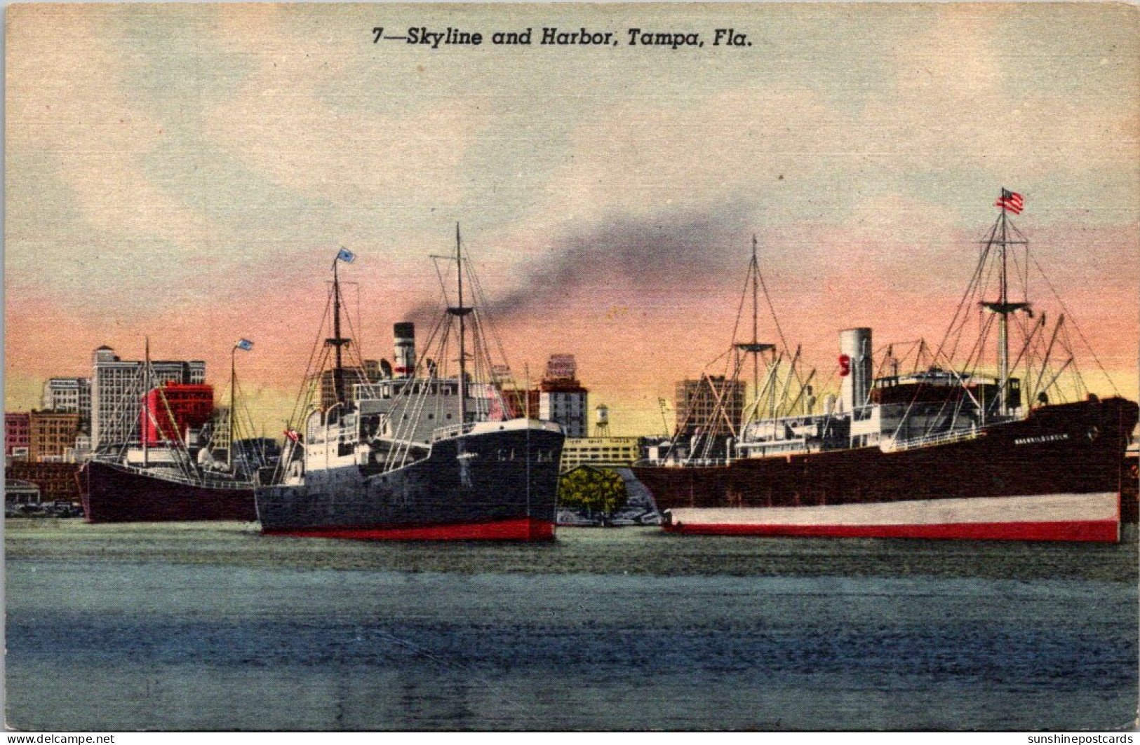 Florida Tampa Skyline And Harbor With Freighters Curteich - Tampa